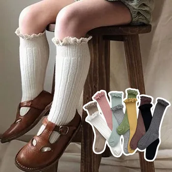 Детски чорапогащи до коляното с волани за малки момичета с дълги меки памучни чорапи със завързана цвете, чорапи за детски училищни униформи от 0 до 9 години