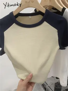 Yitimoky Реколта тънка тениска за жени, лято 2023, Нова корейската мода, контрастен цвят, риза с къс ръкав, женски случайни топ