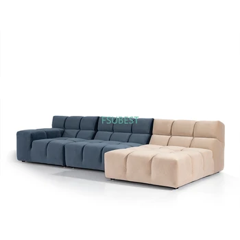 Минималистични диван в италиански стил, една голяма и една малка Вила Tufty Time, бежово-син Ъглов диван за хол от нежната тъкан