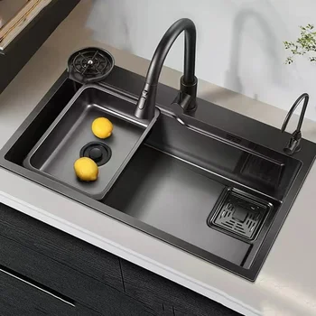 Нано-Мивка с една кухненска мивка от Неръждаема стомана 304, черно и Сиво комплект купички, Дебели начало ръчно изработени 