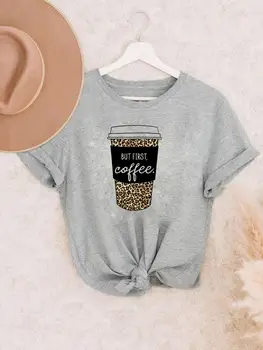 Дамска Лятна тениска с графичен принтом, модерни ежедневни ризи с къс ръкав, Леопардовая сладко кафе дрехи на 90-те