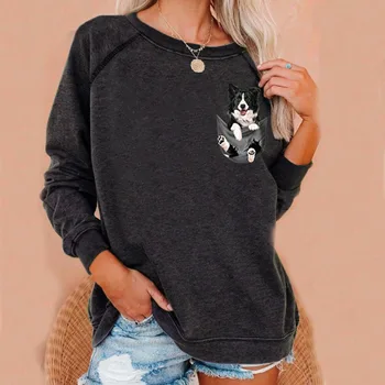 Всекидневни женски пуловер в стил харадзюку, пуловер с кръгло деколте и принтом кученце, есенна новост, уникален дизайн, удобни тениски, градинска облекло