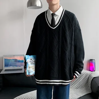 елегантен дизайн, Мъжки пуловер с V-образно деколте, Унисекс, Корейски дрехи, Свободни Блузи, Есенна Мода, Мъжки Ежедневни черно-бели Пуловери Crochet