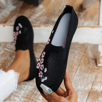 Обувки за жени, висококачествени дамски обувки на плоска подметка с кръгло бомбе, дишаща мрежа обувки, дамски обувки с бродерия, ежедневни обувки на равна подметка 2023