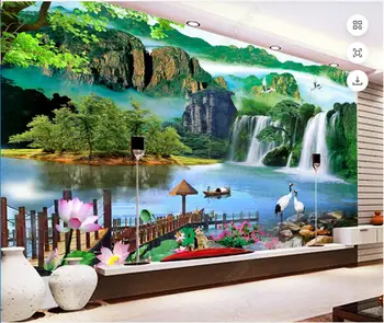 изработена по поръчка стенопис, 3D фотообои, пейзаж, планинско езеро в китайски стил, декорация на зали, TV-тапети за хола