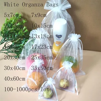100 бр./лот, чанти и калъфи за бижута, изработени от бяла органза, пликове за съвсем малък, Малък подарък за опаковане, пътни чанти, чанти за сватбени партита, чанти за бонбони