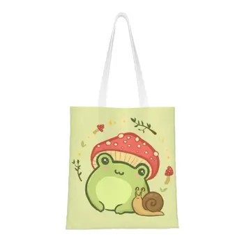 Cottagecore Эстетичная скъпа реколта чанта за пазаруване под формата на жаби и охлюви, дамски холщовая чанта-тоут, преносими чанти за пазаруване в магазини за хранителни стоки