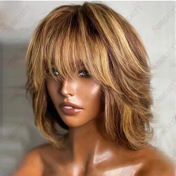 Мед блондинка жар 13X4 човешки косата на перука прозрачна дантела пред перука с бретон за жени от най-интересните моменти от 5х5 закриване на Реми перука