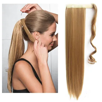 Дълги прави конские опашки, синтетичен косата, обвивка около cauda equina, blond-цвят, подходящ за жени, перука за момичета