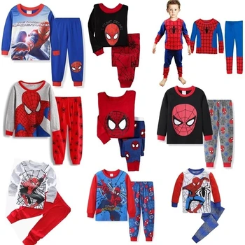 Пролетно-есенни пижамные комплекти за малки момчета, дрехи за деца, памучен ежедневни облекла за сън с Човека-паяк от анимационен филм, костюми за детска пижама от 2 до 7 години