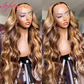 HD Прозрачен съраунд вълнообразни перука, завързана отпред, меден blond, омбре, перуки, изработени от човешка коса за жени 4x4 13x4, перука с подсветка, завързана на перука от човешка коса