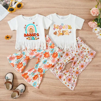 Комплекти дрехи за новородени момичета 3-24 м, тениска с флорални принтом и пискюли, разкроена панталони, летни дрехи за деца D06