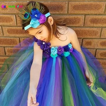 Елегантна рокля-пакетче с павлином и превръзка на главата с цветя модел за момичета, детски сватбена рокля-пакетче с павлином, детски костюм за парти в чест на рождения ден на TS117