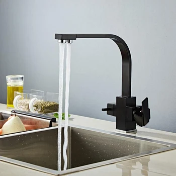 Кран за пречистване на вода с въртене на 360 градуса, модерен филтър за вода, 3 начина за подаване на питейна вода, двойна дръжка, черен смесител за кухненска мивка