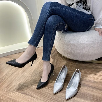 Дамски фини обувки на висок ток 2023, пролетно новост, женски обувки на среден ток с остър пръсти, обувки на тънък ток, Four Seasons