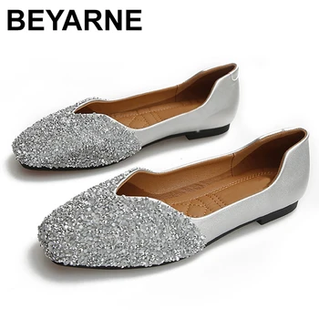BEYARNE/ женски на модела обувки-балет апартаменти с кристали и квадратни пръсти, вечерни 11 балеток на равна подметка, голям размер, бял диамант, 10 бляскъв сребро