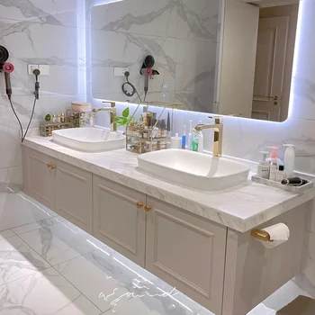 Лесен луксозен шкаф за баня в американски стил, комбиниран шкаф за баня с двойна мивка, мивка