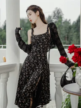 Лятото женствена рокля във френската ретро стил, елегантен рокля на подтяжках с принтом, черни дантелени лоскутные ежедневни, плажни рокли + жилетка
