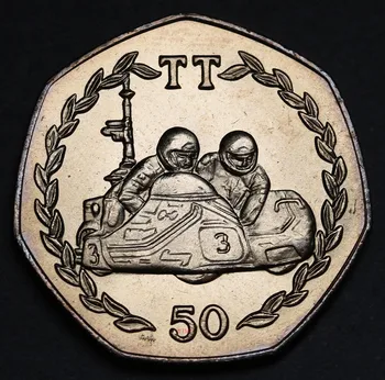 Възпоменателна монета TT Състезания 1984 година на издаване, 50 P, на остров Ман, новата UNC