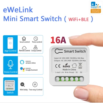 Работа с eWeLink WiFi Mini Smart Switch 16A САМ Ключове за осветление 2-Лентов Безжичен Интелигентен Дом работа с Алекса Alice Google Assistant