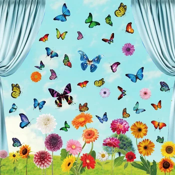 Цветя, Пеперуди, Електростатичен Етикети на Прозорци, Добре Дошли, Пролет, Стъклена Врата, Стенно огледало, Етикети, Честит Великден, Интериор, Етикети