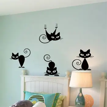 Стикер за стена с 4 котки, черна котка, PVC, перфектна украса, самозалепващи детска забавна хол, всяко пространство, да ти разказва истории за стена