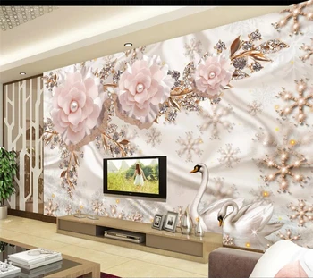 wellyu Обичай голям стенен художник 3d триизмерна луксозен европейски лебед бижута цвете ТЕЛЕВИЗИЯ фонова стена