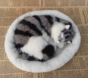нова имитация на сън на котката от полиетилен и кожа, сиво и черно модел котка, подарък от около 25x21 см y0168