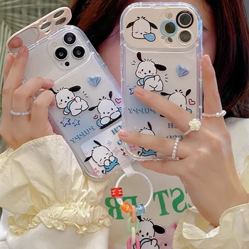 Cartoony Sanrio Pochacco с Извънбордов Огледало Калъф за Телефон за iPhone 14 13 12 11 Pro Max X XR XS MAX 7 8Plus Пара, Защита от падане, Калъф
