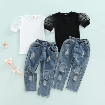 FOCUSNORM/ Модни Комплекти Летни дрехи за момиченца от 1 до 6 години от 2 теми, Обикновена тениска с сетчатыми дантели и с Пищните ръкави + Дълги дънкови Панталони с дупки