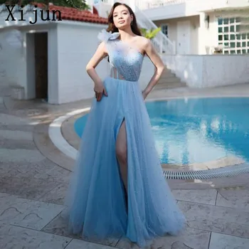 Xijun 2023 Светло синьо тюлевые вечерни рокли трапецовидна форма с намаляване на едното рамо, секси вечерна рокля с перли, рокли за бала в Дубай, халат soiree de