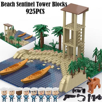 На градския военен плаж Кула цени Сцена строителни блокове на острова руините на фигурки армията на войници Военна база крепост оръжие тухли играчки