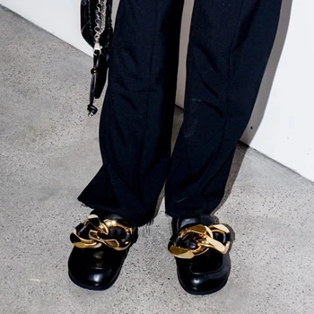 Чехли с дебела подметка на метална верига, женски улични лоферы на равна подметка с големи пръсти, джапанки в ретро стил, кожени обувки за жените, обикновен цвят