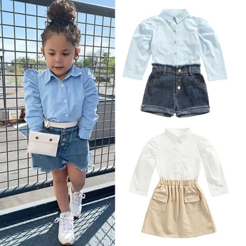 FOCUSNORM/ модни комплекти дрехи за момичета от 1 до 6 години, однобортные ризи с дълъг ръкав, Блузи, дънкови шорти копчета, 2 броя