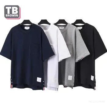 TB BROWIN, мъжки t-shirt, брендовый кръгла яка, памук, шарени, четири ленти, корейската версия, впитывающий пот, за почивка, къси ръкави