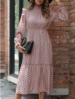 Женствена рокля LiTi, темпераментное розова рокля на точки с дълъг ръкав за жени на есен