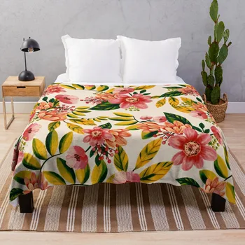 Акварел цветни тропически цветя модел от цветя и листа, модерен каре с пискюли, синьо одеяло плиточное