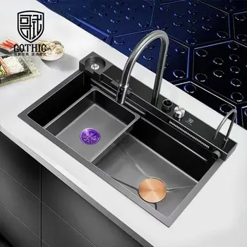 Нова кухненска мивка от неръждаема стомана 304, мобилен дигитален дисплей, мивка с водопад и летящим дъжд, Голям набор от смесители за мивки