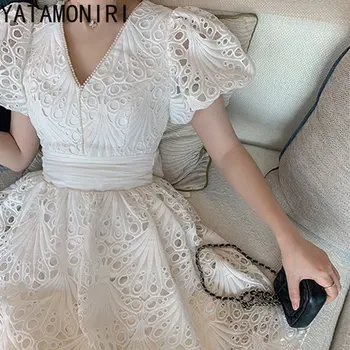Жена Лятно Дантелено рокля YATAMONIRI, Елегантен модерен острият секси рокля с V-образно деколте и с пищни ръкави, расшитое мъниста, женски празнични рокли 2023, Новост