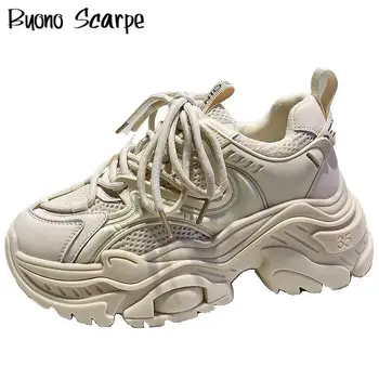 Дамски маратонки с дебела подметка, обикновен плосък ток чрез шнурове, спортни и ежедневни обувки за ходене по подиуму, модерен масивен ток, платформа лукс