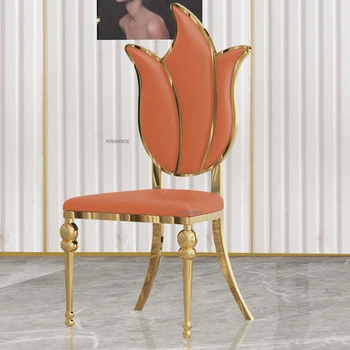 Модерен, креативен дизайнерски стол с облегалка, скандинавски мебели, Златни трапезни столове от неръждаема стомана, Леко луксозно кресло за грим в спалнята
