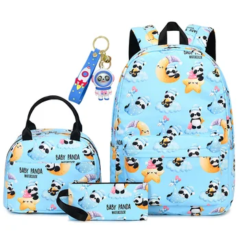Леки ученически чанти със сладък пандой за момичета и момчета, ученически раници с пакет за обяд, чанти за начално училище, детски чанти за книги, Ученически чанти