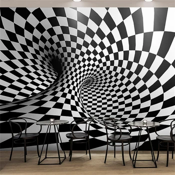 потребителски черно-бели райета тапети за хола, визуално разширяване на пространството, стенопис, изчистен геометричен тунел, TV-фон