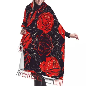 Есенно-зимни топли шалове, червени Рози на тъмен фон, модерен шал, шалове с пискюли, обвиват шията, превръзка на главата, hijabs, орар
