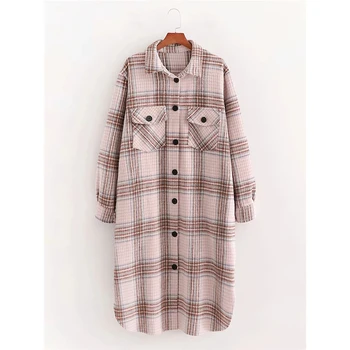 Модерен есенно-зимните модни дамски дълги вълнени палта, стилни дамски дебели якета с двойни джобове и двойни джобове, дамски връхни дрехи Оверсайз