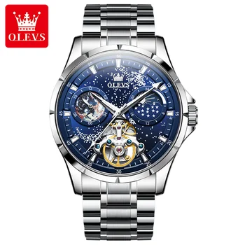 OLEVS 6671 Мъжки автоматичен часовник скелет на Звездното Небе Фаза на Луната светещи водоустойчив механични часовници е от неръждаема стомана за мъже