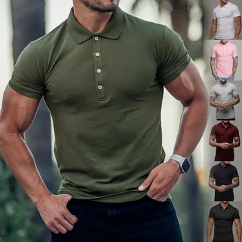 нова мъжка тънка однотонная поло риза с висока яка и къс ръкав, ежедневни памучни блузи, младежки мъжки модни ризи, дрехи