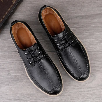 Стилни мъжки обувки-Oxfords, Висококачествени Мъжки обувки от естествена кожа, Модни Дишаща Мъжки Ежедневни Водоустойчив бизнес обувки на плоска подметка