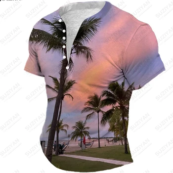 Лятна Мъжка тениска с къс ръкав, Без отгоре с V-образно деколте и копчета, Хавайски топ с 3D Принтом За Дома, Пътуване, Почивка, Плаж, Кокосова Палма, Плюс Размер