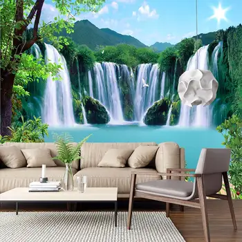Обичай стенописи с водопад и lotus, Красив природен пейзаж, Лесовъдство вода, декоративна живопис, Декорация на дома, Дървени 3D тапети